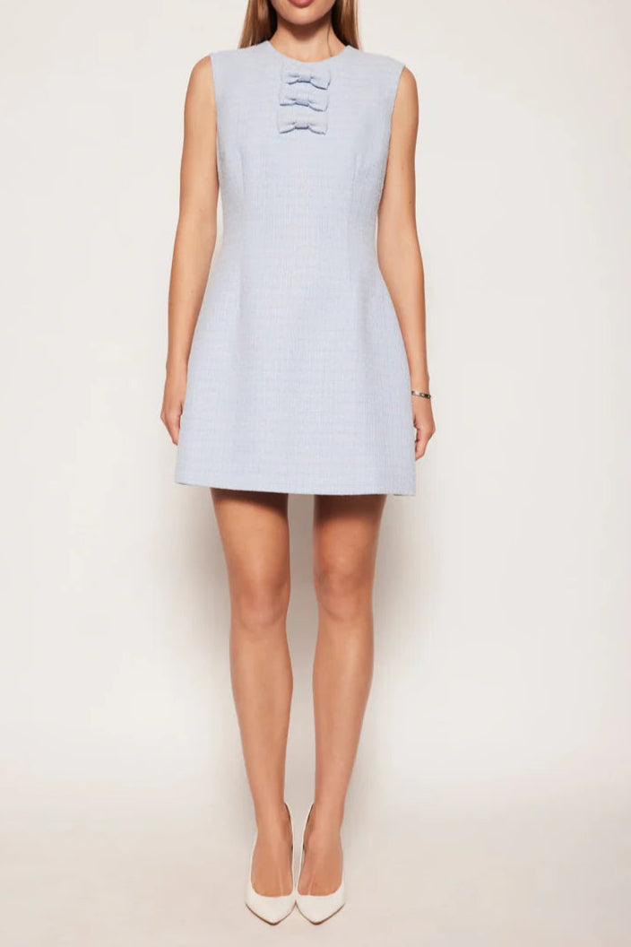 Tweed Bow embellished sleeveless mini dress in blue