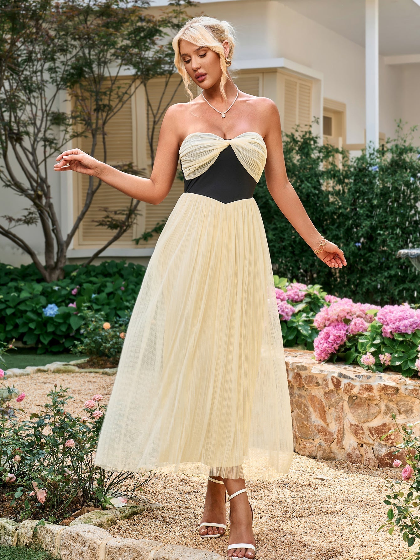 Flowering Girl Women Olga Hepburn Sleeveless Strapless Backless Ruched Bandeau Midi Dress
