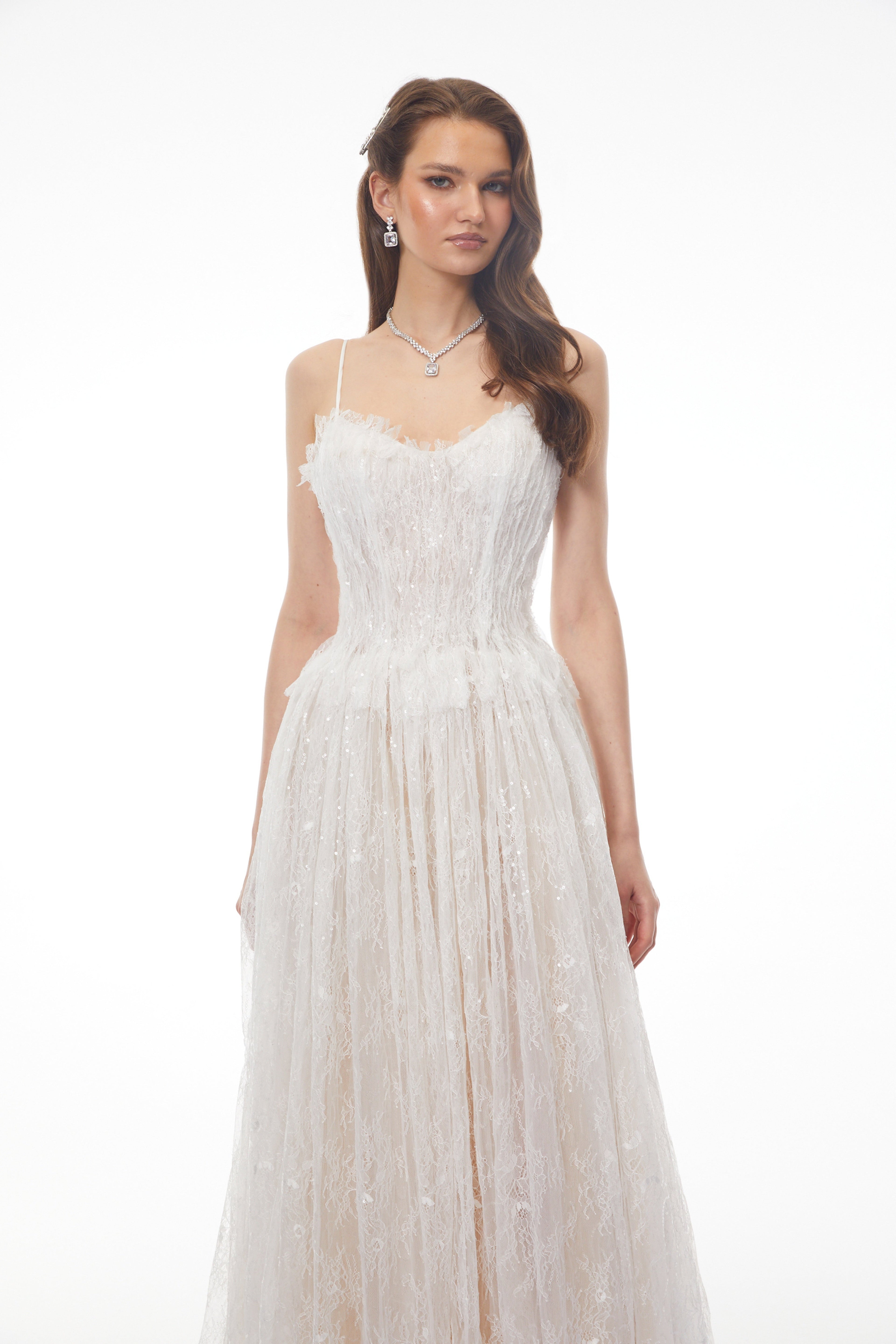 Nadir White Pleated Lace Maxi Dress