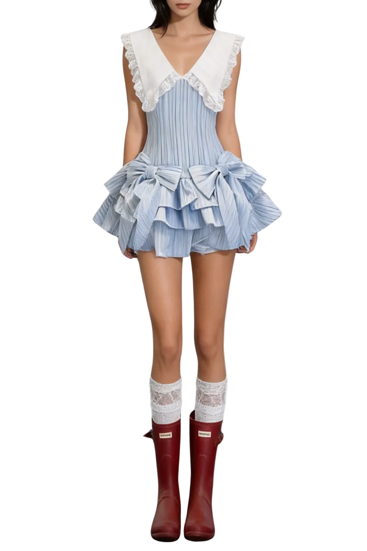 Nalaya Bow Stripe Puffy Mini Dress - Blue