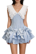 Nalaya Bow Stripe Puffy Mini Dress - Blue