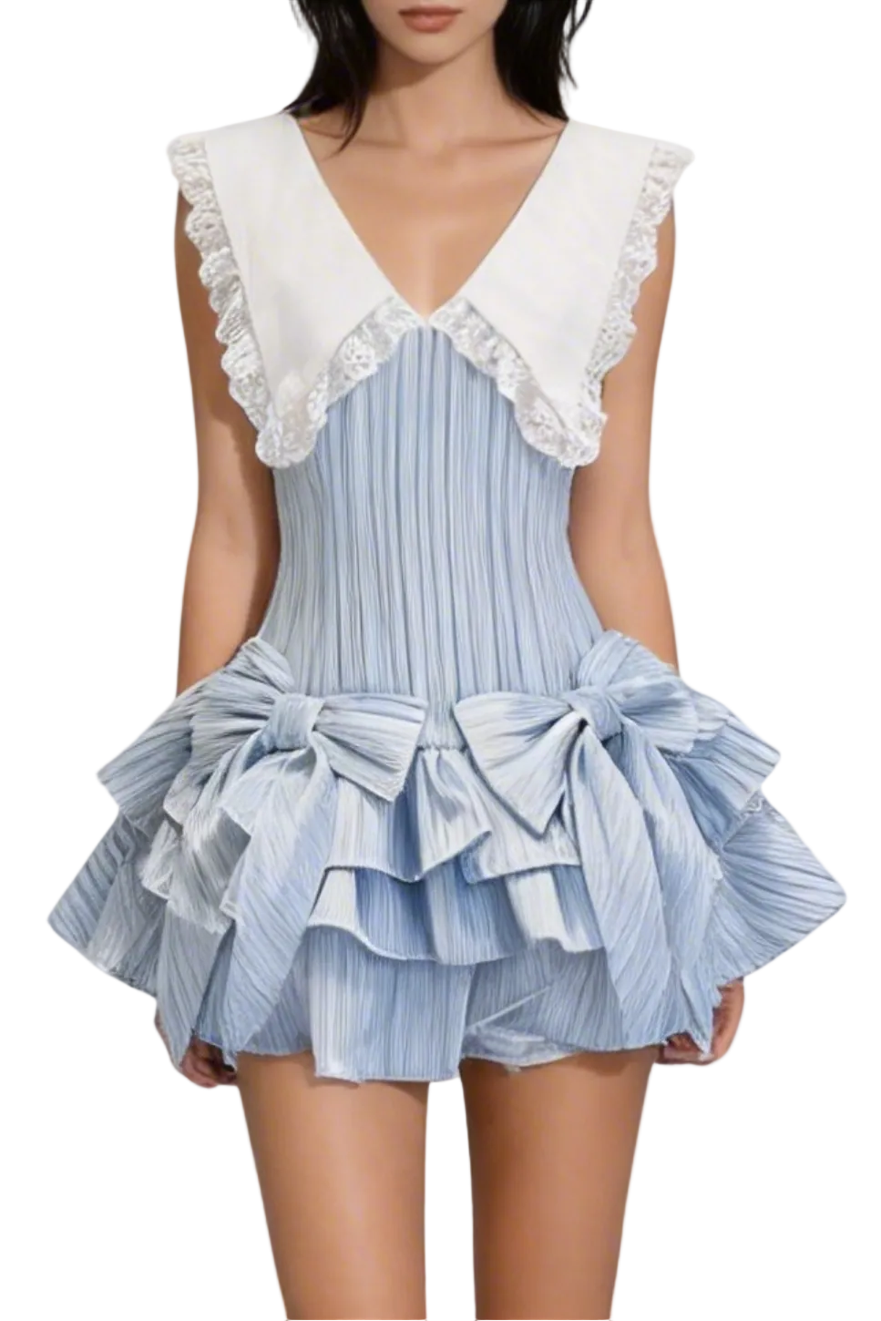 Nalaya Bow Stripe Puffy Mini Dress - Blue