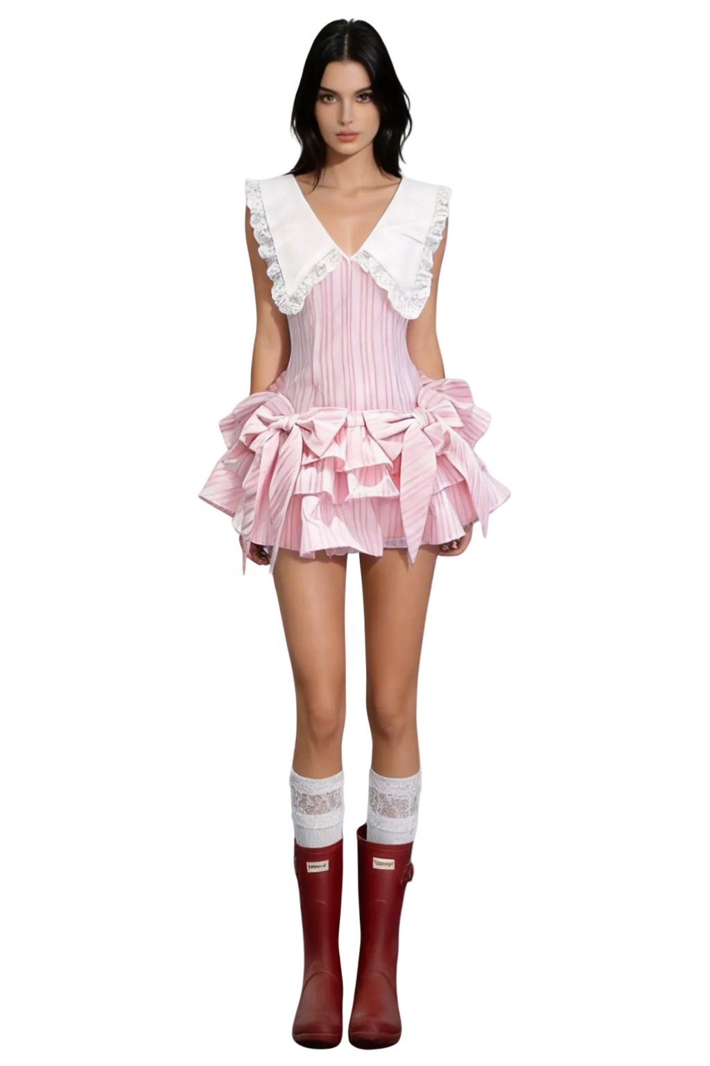 Nalaya Bow Stripe Puffy Mini Dress - Pink