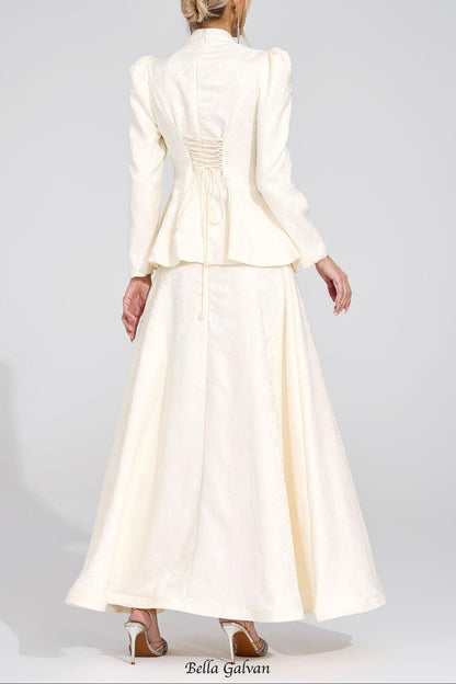 sabrina floral Embroidered coat maxi skirt set - apricot