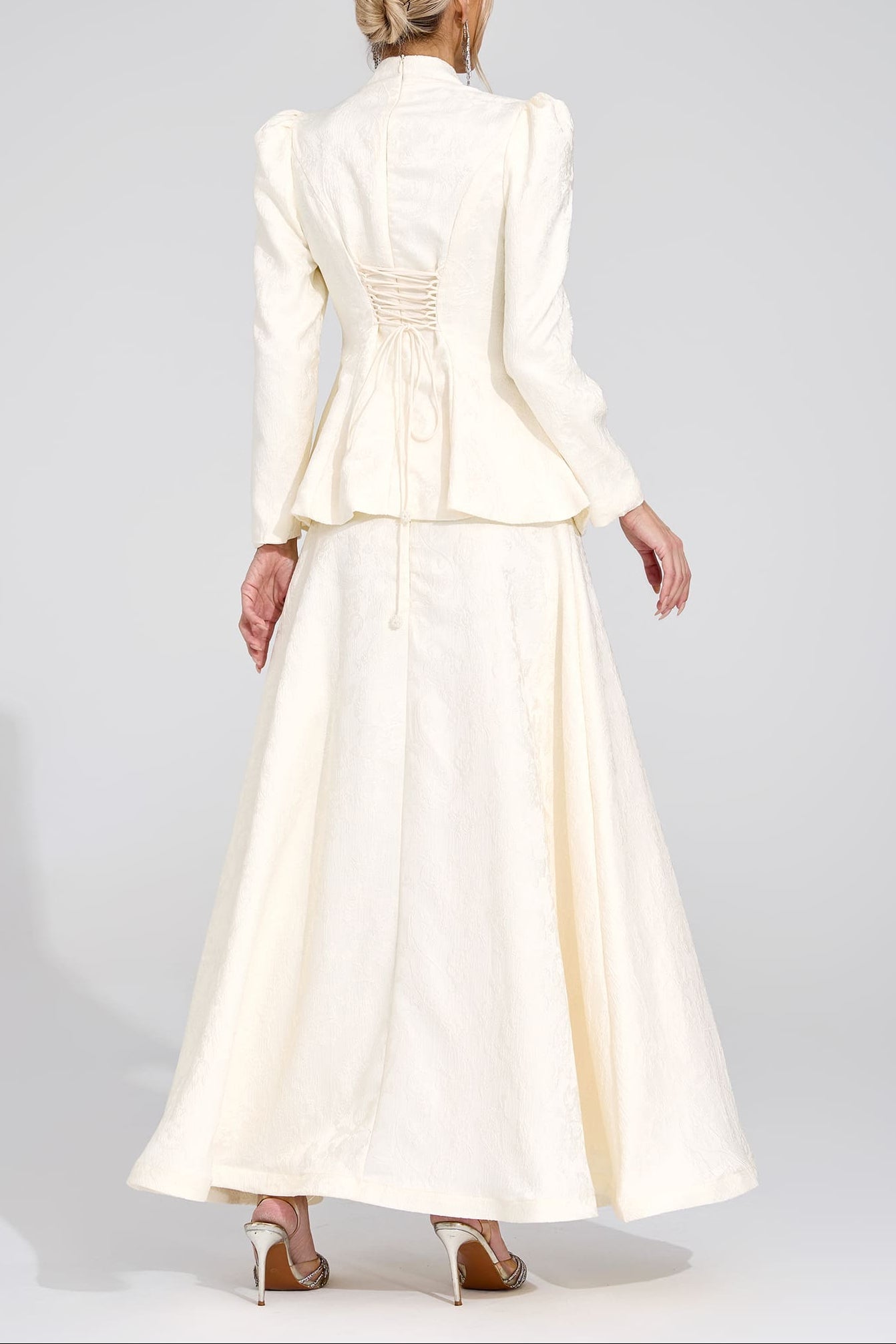 Sabrina Floral Embroidered Coat Maxi Skirt Set - Apricot