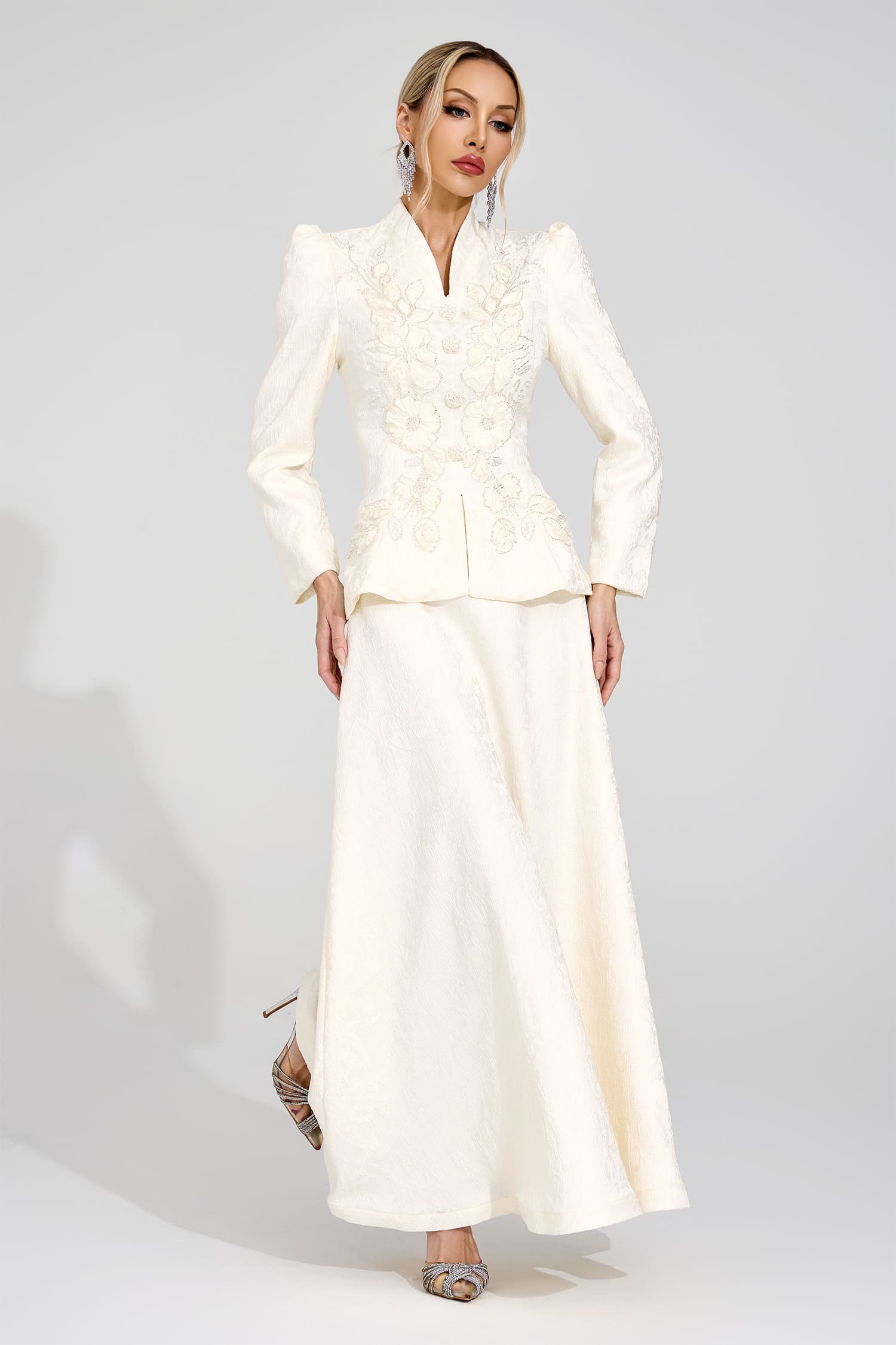 sabrina floral Embroidered coat maxi skirt set - apricot