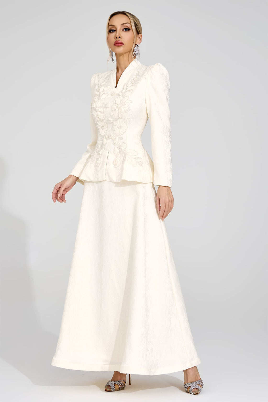sabrina floral Embroidered coat maxi skirt set - apricot