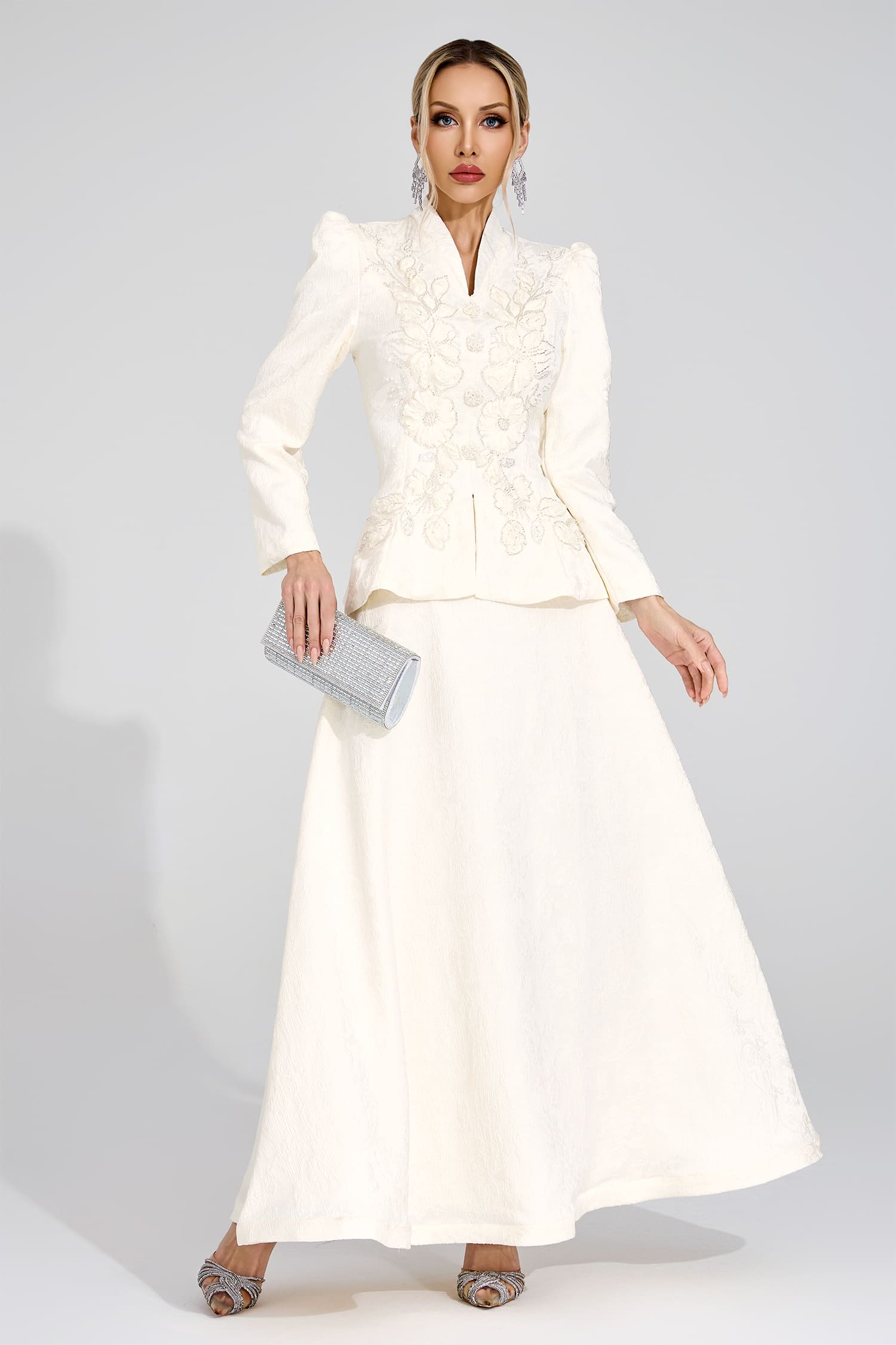 sabrina floral Embroidered coat maxi skirt set - apricot