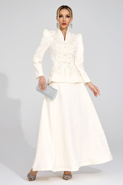 sabrina floral Embroidered coat maxi skirt set - apricot