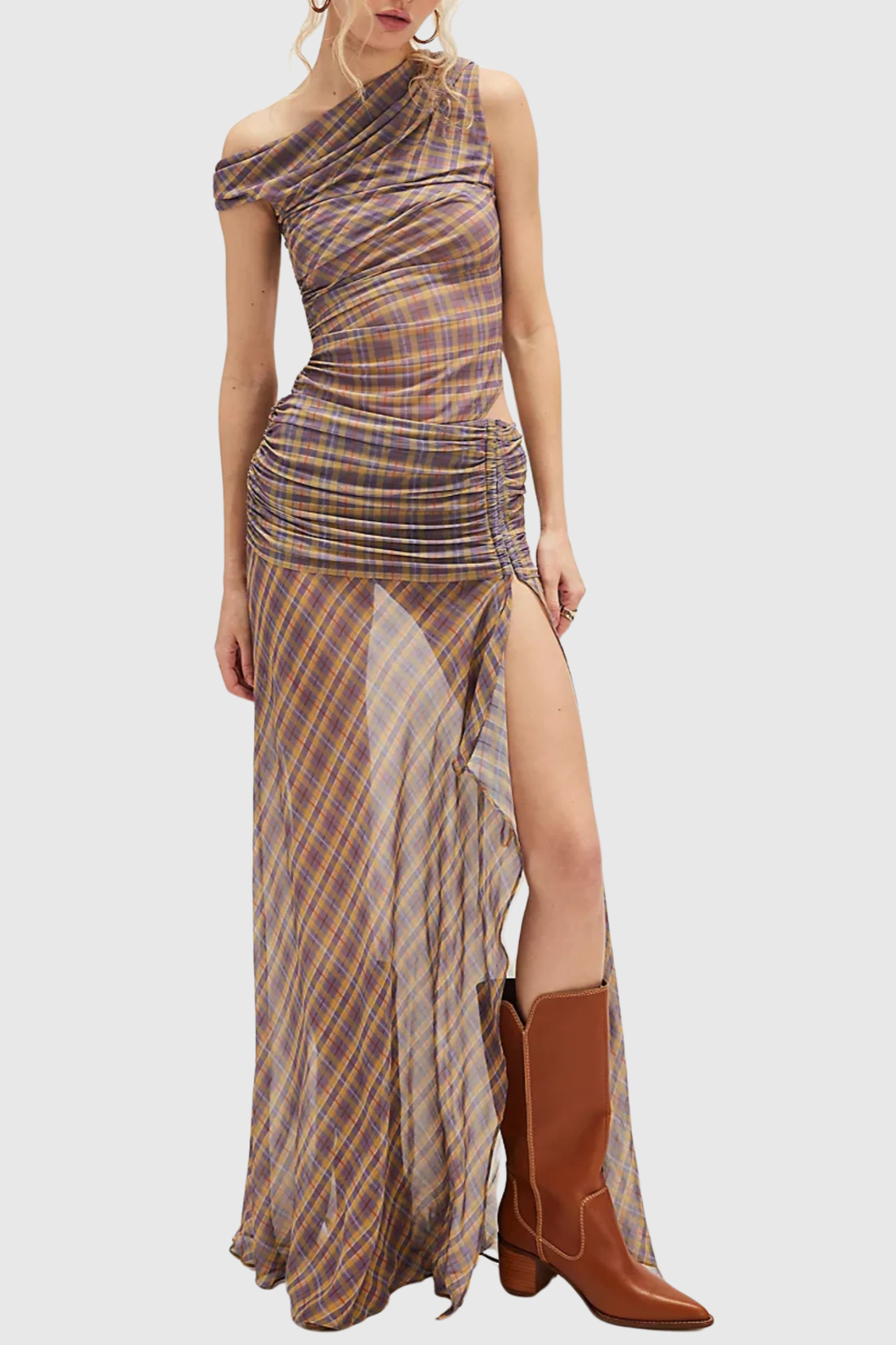 Flowering Girl Women One Shoulder Asymmetric Ruched Maxi Dress