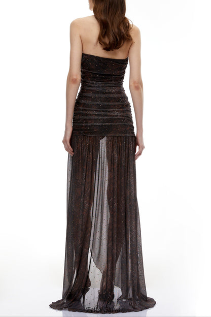 sylvia bling rhinestone Embellished Ruched  strapless Maxi Dress in Black