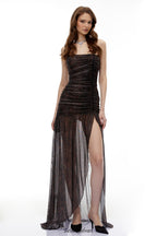 sylvia bling rhinestone Embellished Ruched  strapless Maxi Dress in Black