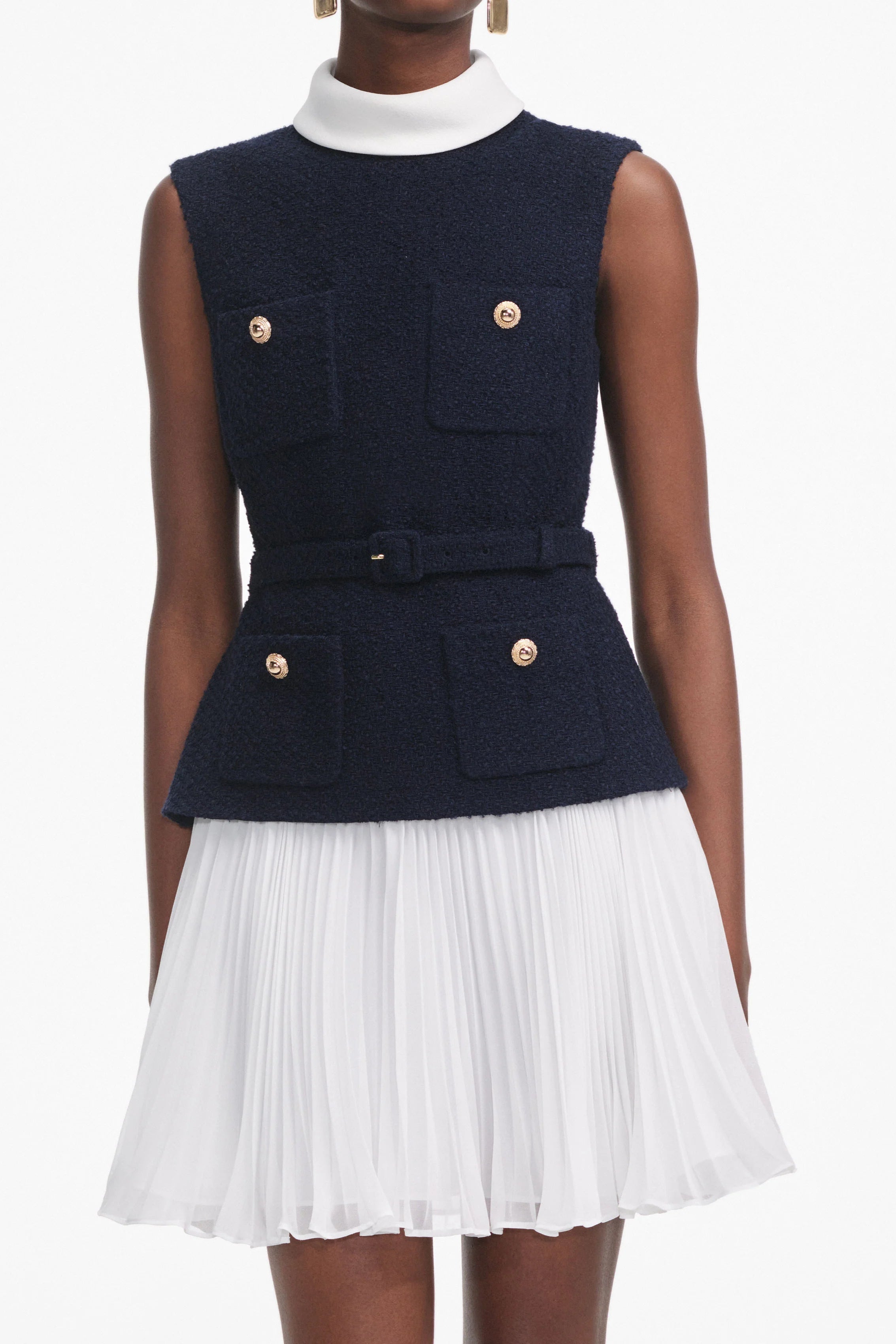 Flowering Girl Women Navy Boucle And Chiffon Mini Dress