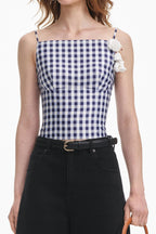 Flowering Girl Women Navy Gingham Taffeta Top