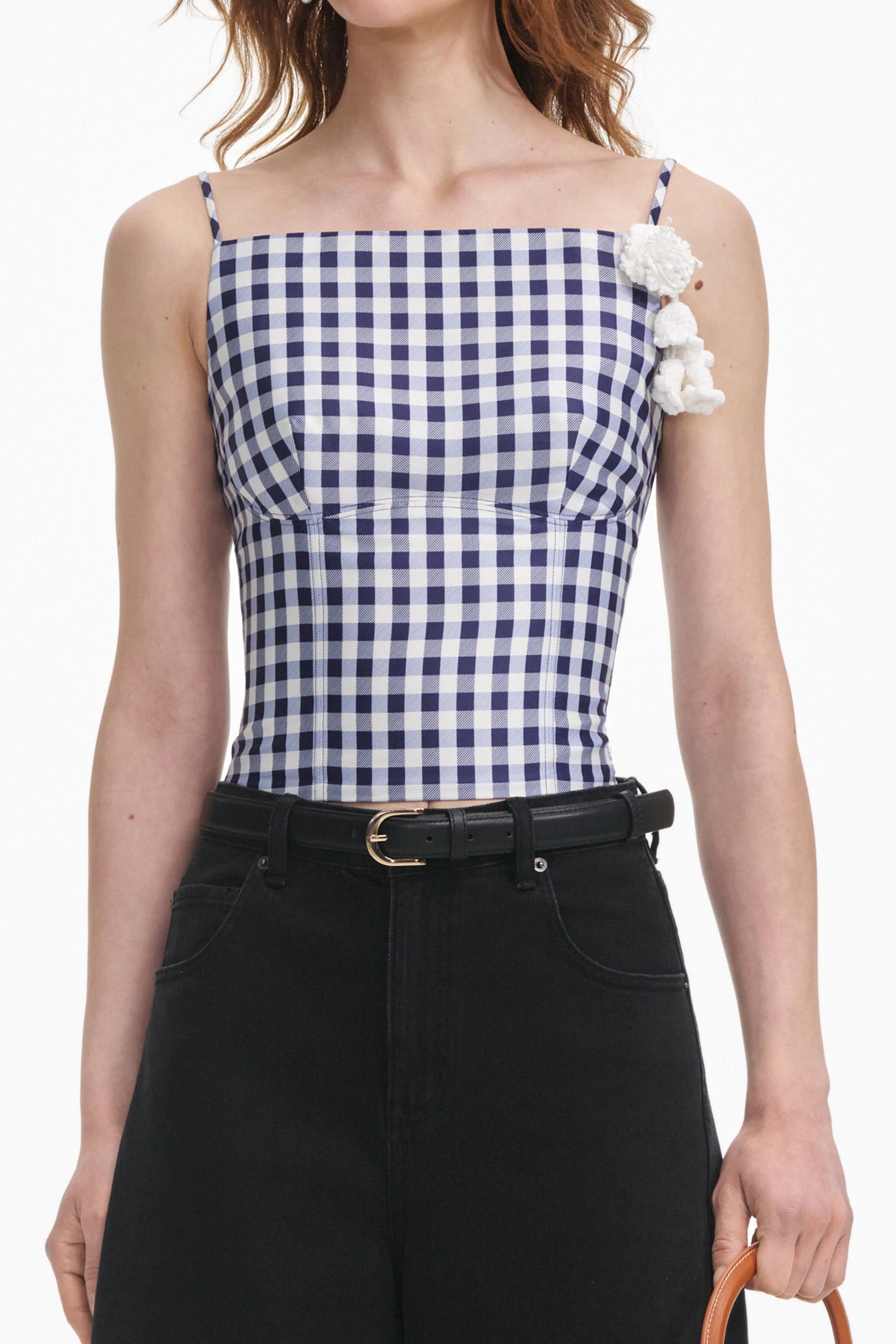 Flowering Girl Women Navy Gingham Taffeta Top