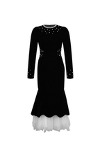 zona black Beaded irregular hem velvet fishtail maxi dress