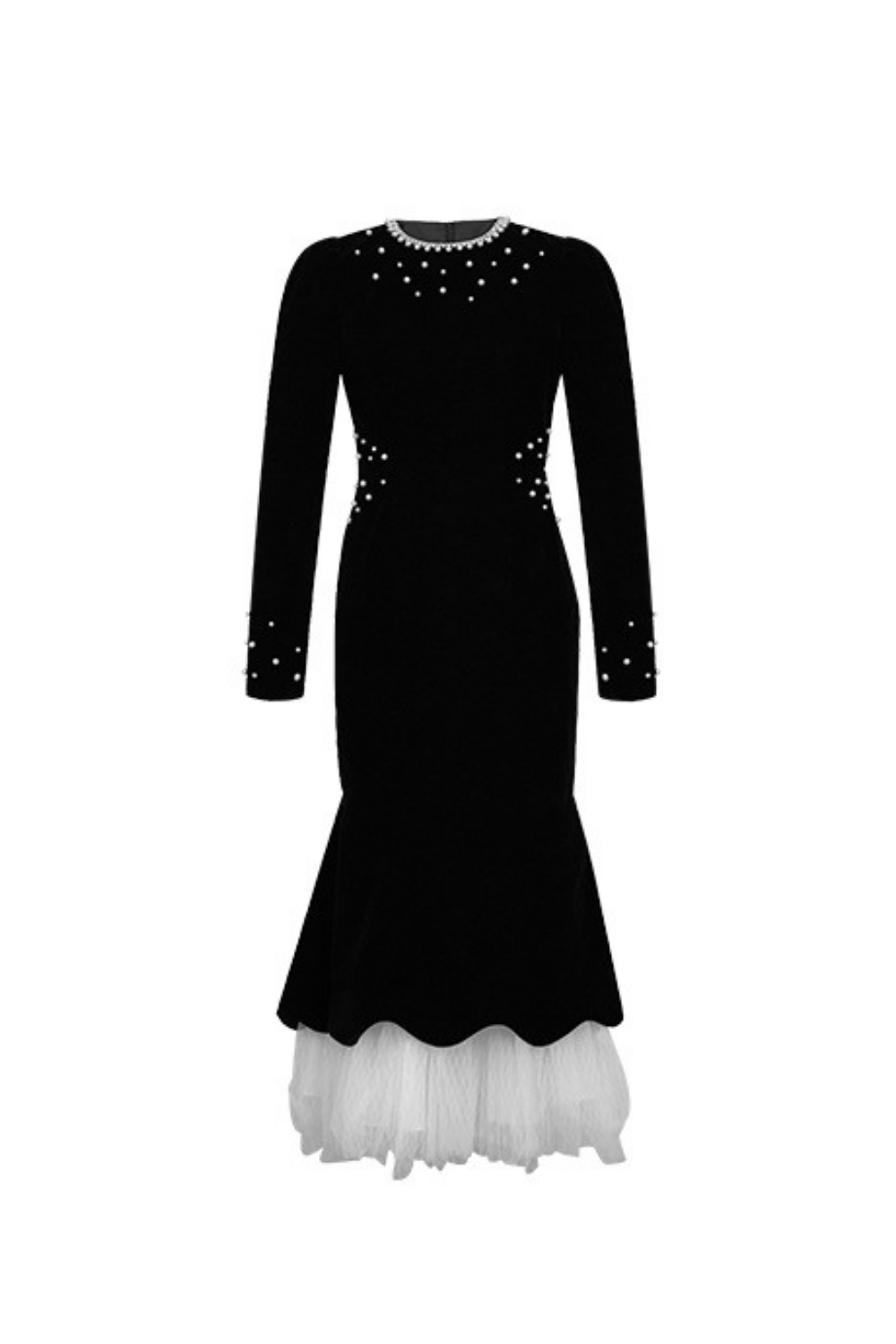 zona black Beaded irregular hem velvet fishtail maxi dress
