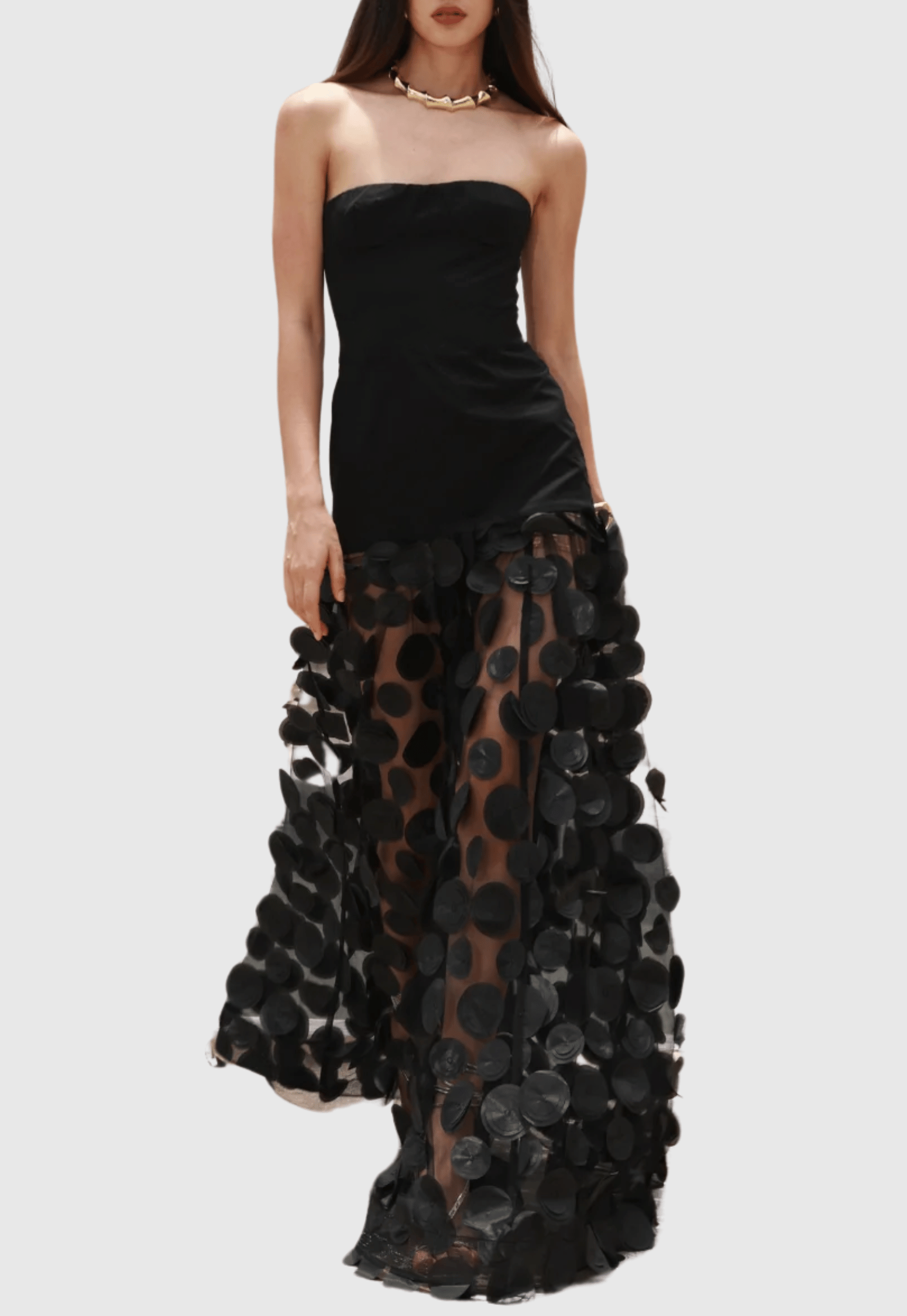 Flowering Girl Women Nodin Strapless Dot Mesh Maxi Dress - Black