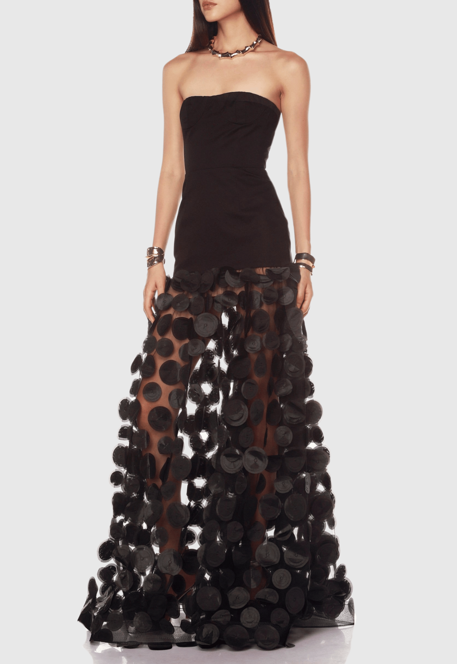 Flowering Girl Women Nodin Strapless Dot Mesh Maxi Dress - Black