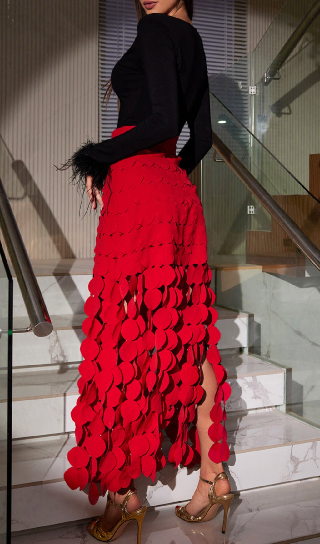 Flowering Girl Women CIRCLE CUTOUT FRINGE SKIRT IN RED