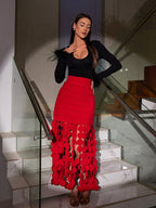 Flowering Girl Women CIRCLE CUTOUT FRINGE SKIRT IN RED