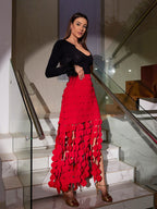 Flowering Girl Women CIRCLE CUTOUT FRINGE SKIRT IN RED
