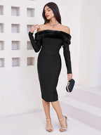 Flowering Girl Women Fuzzy Trim Split Bodycon strapless midi Dress in black