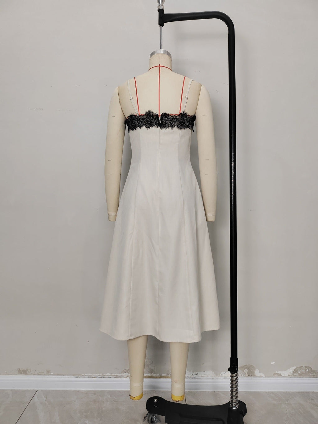 Flowering Girl Women Off White Thin Strap Black Lace Trim Midi Dress Slim Fit Flowy Linen Blend Slip Dress
