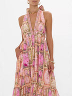 Flowering Girl Women V-neck halter neck printed maxi dress - pink