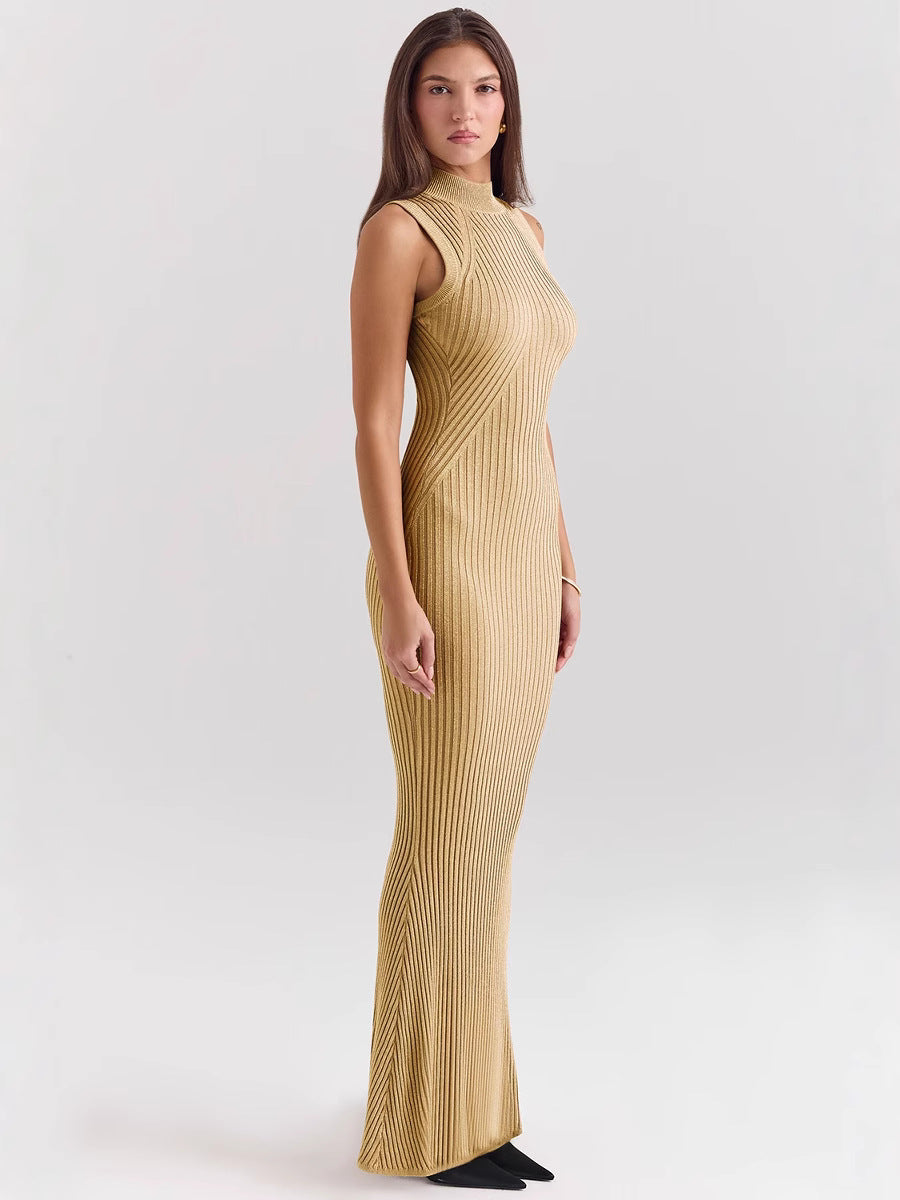 Flowering Girl Women glod Knitted Turtleneck Sleeveless maxi Dress