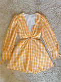 orange plaid V-neck long-sleeve cotton dress