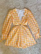 orange plaid V-neck long-sleeve cotton dress