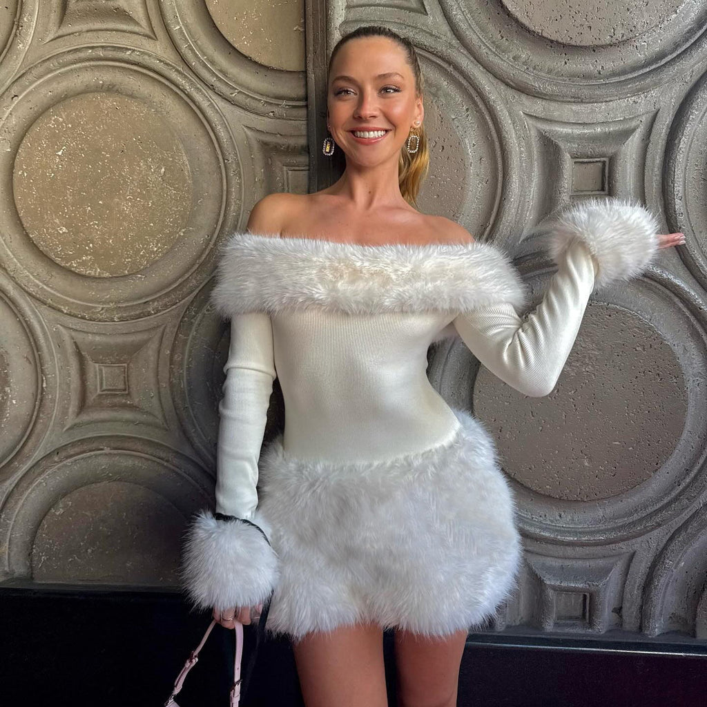 White Strapless Faux Fur Slim Mini Dress