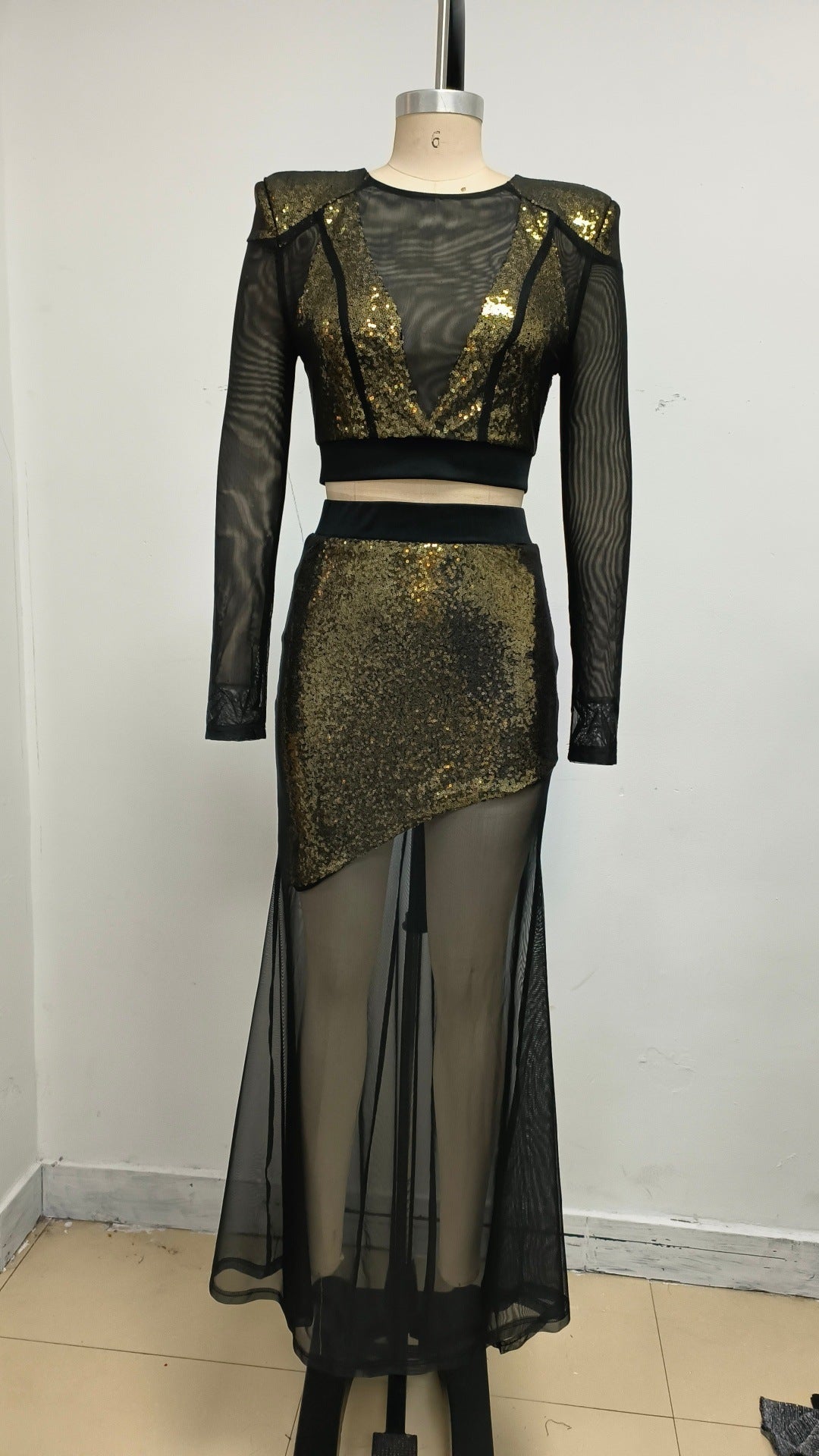 eudora Gold sequin mesh patchwork sheer two-piece set