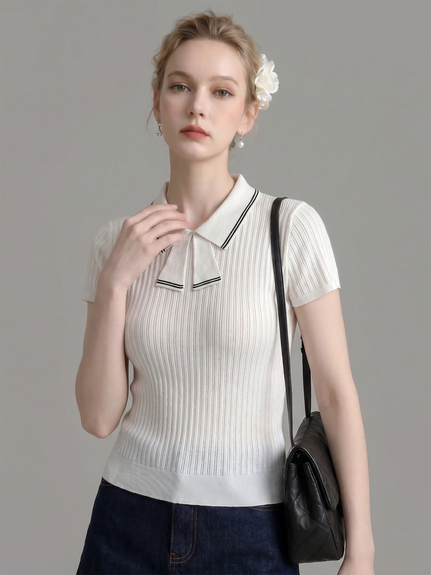 Flowering Girl Women Striped Collar Bow Tie Ribbed Knit Short Sleeve Top