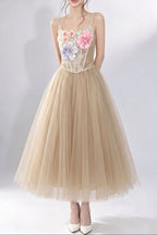 3D floral camisole top & tulle skirt set -  champagne