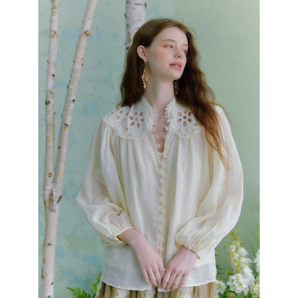 Flowering Girl Women beige hollow embroidered lantern sleeve stand-collar ramie shirt