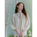 Flowering Girl Women beige hollow embroidered lantern sleeve stand-collar ramie shirt