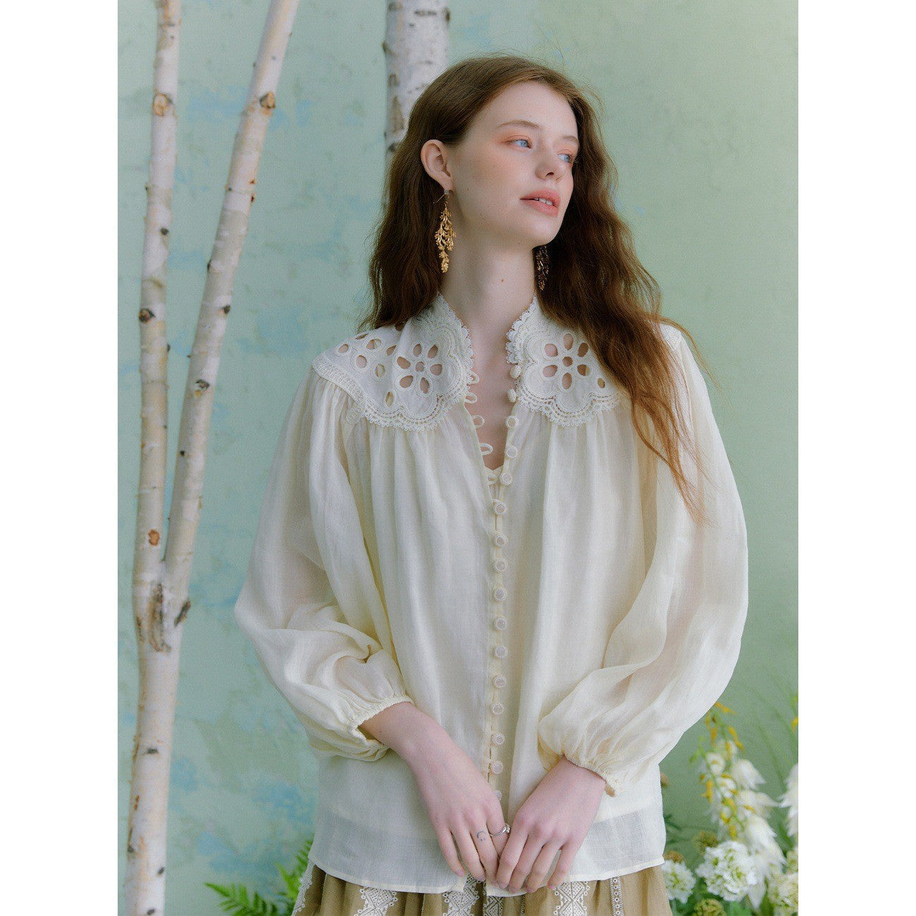 Flowering Girl Women beige hollow embroidered lantern sleeve stand-collar ramie shirt