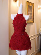 Flowering Girl Women Pandora Lace Bow Backless Halter Mini Dress In Red