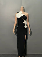 black heloise Flowers Slit One Shoulder Bandage Maxi Dress