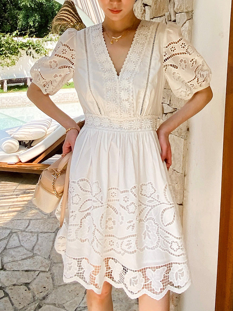 White Openwork Embroidered Short Sleeve V-Neck Petite Dress