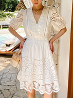 White Openwork Embroidered Short Sleeve V-Neck Petite Dress