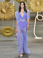 Flowering Girl Women v-neckline tiered mesh gown in blue