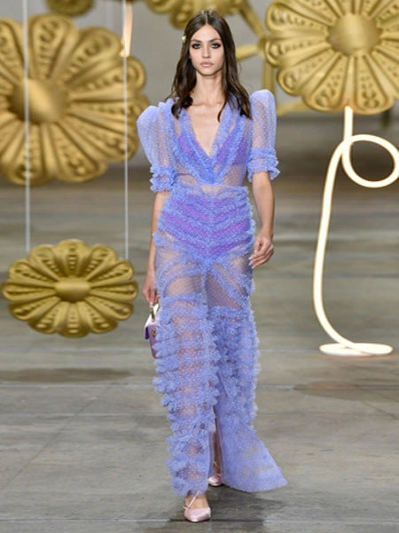 Flowering Girl Women v-neckline tiered mesh gown in blue