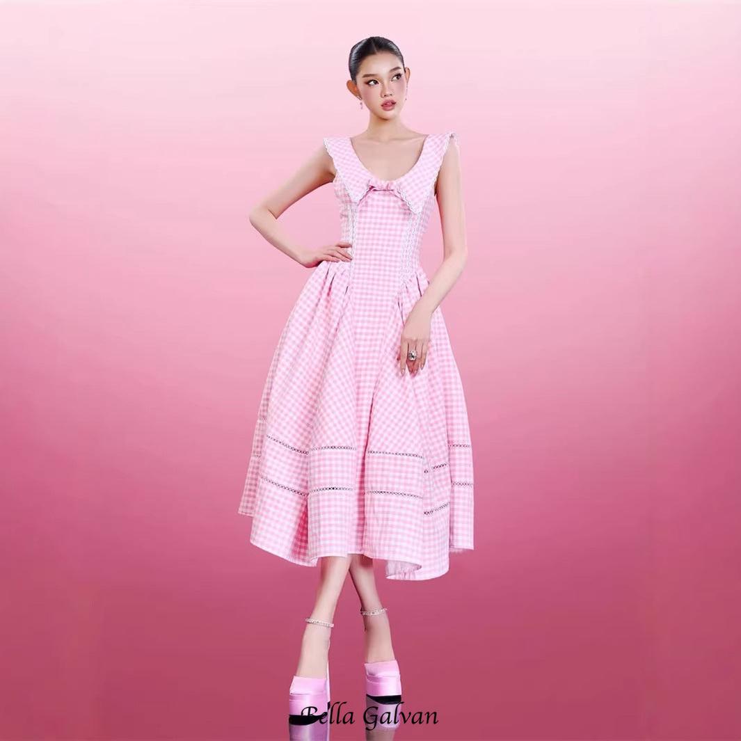 xylia bowknot neck plaid sleeveless midi dress - pink