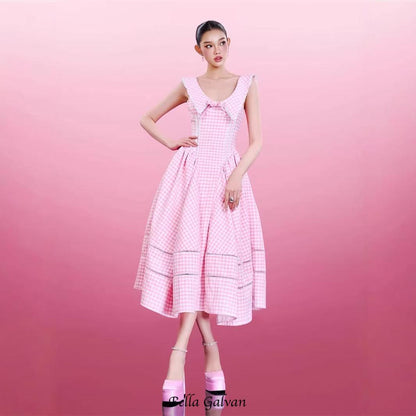 xylia bowknot neck plaid sleeveless midi dress - pink