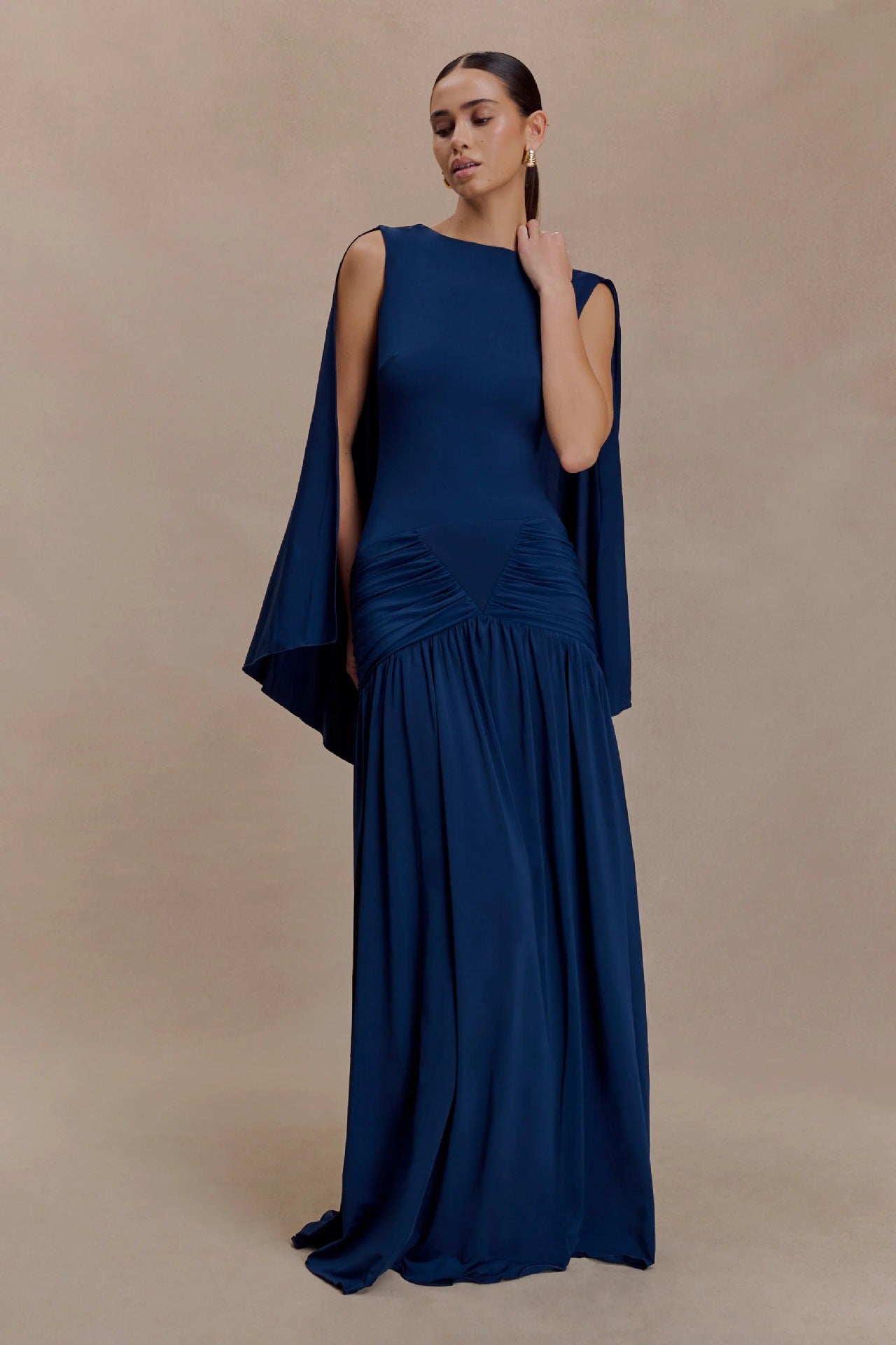 Flowering Girl Women navy open back cape pleated maxi dress