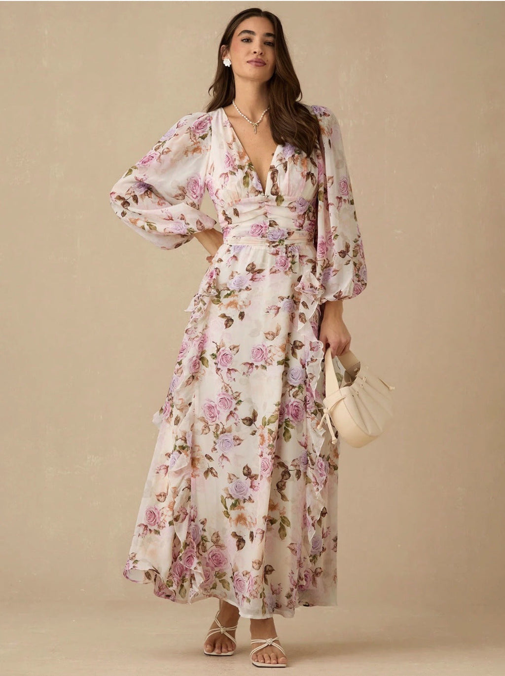 Victoria Multicolor v-Neck Floral Print Puff Sleeve Maxi Dress