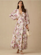 Victoria Multicolor v-Neck Floral Print Puff Sleeve Maxi Dress